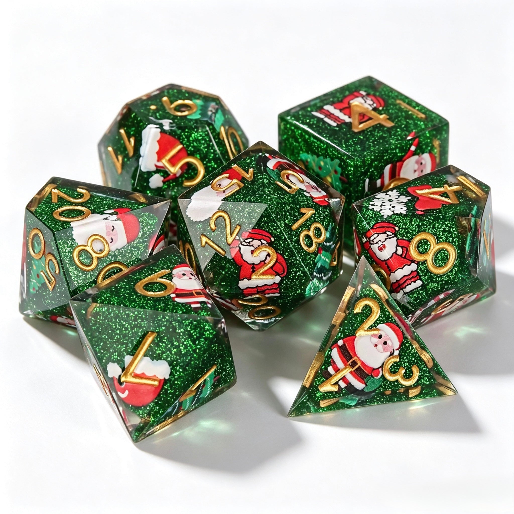 Green Santa Glitter Solid Core 7-Piece Dice Set
