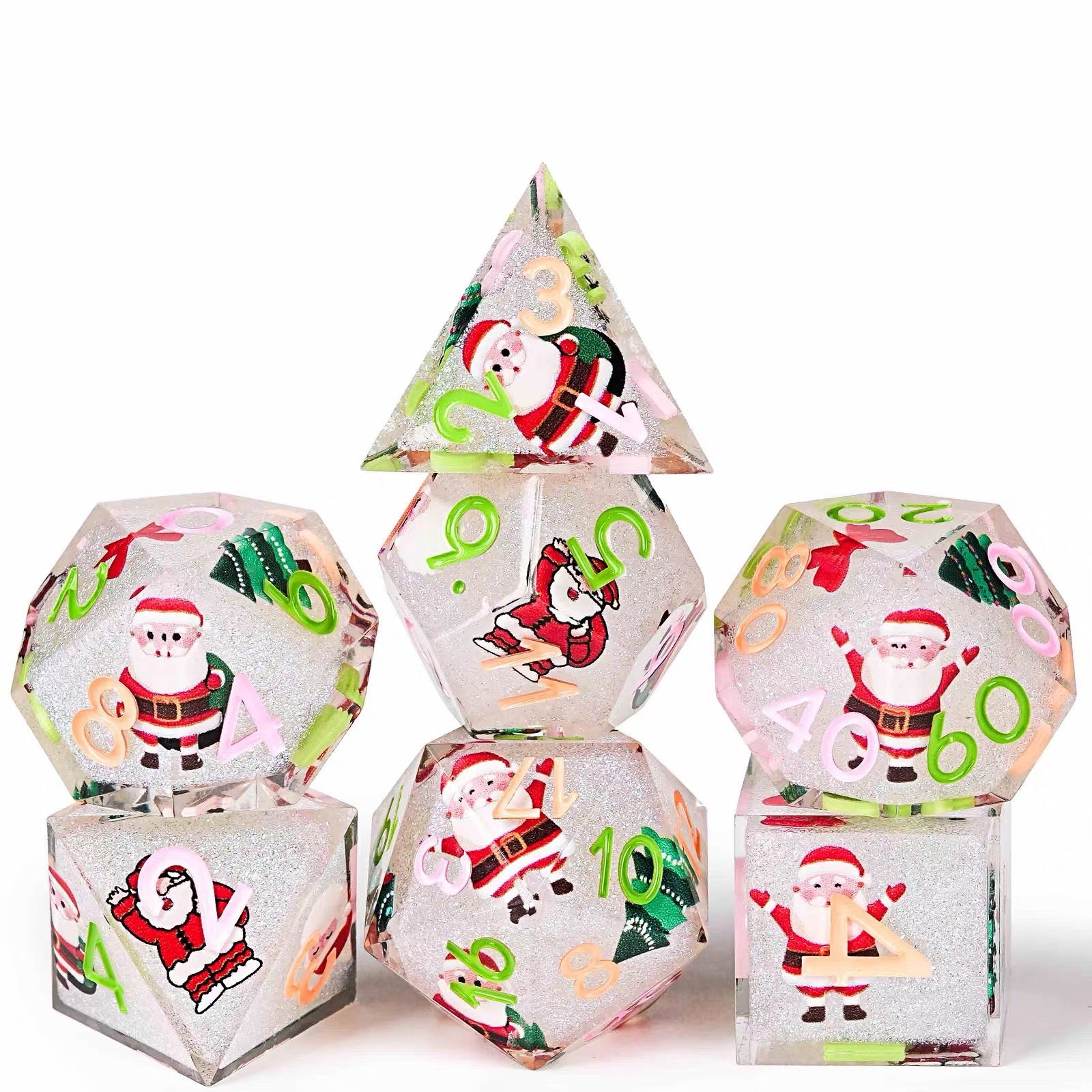 White Santa Glitter Solid Core 7-Piece Dice Set