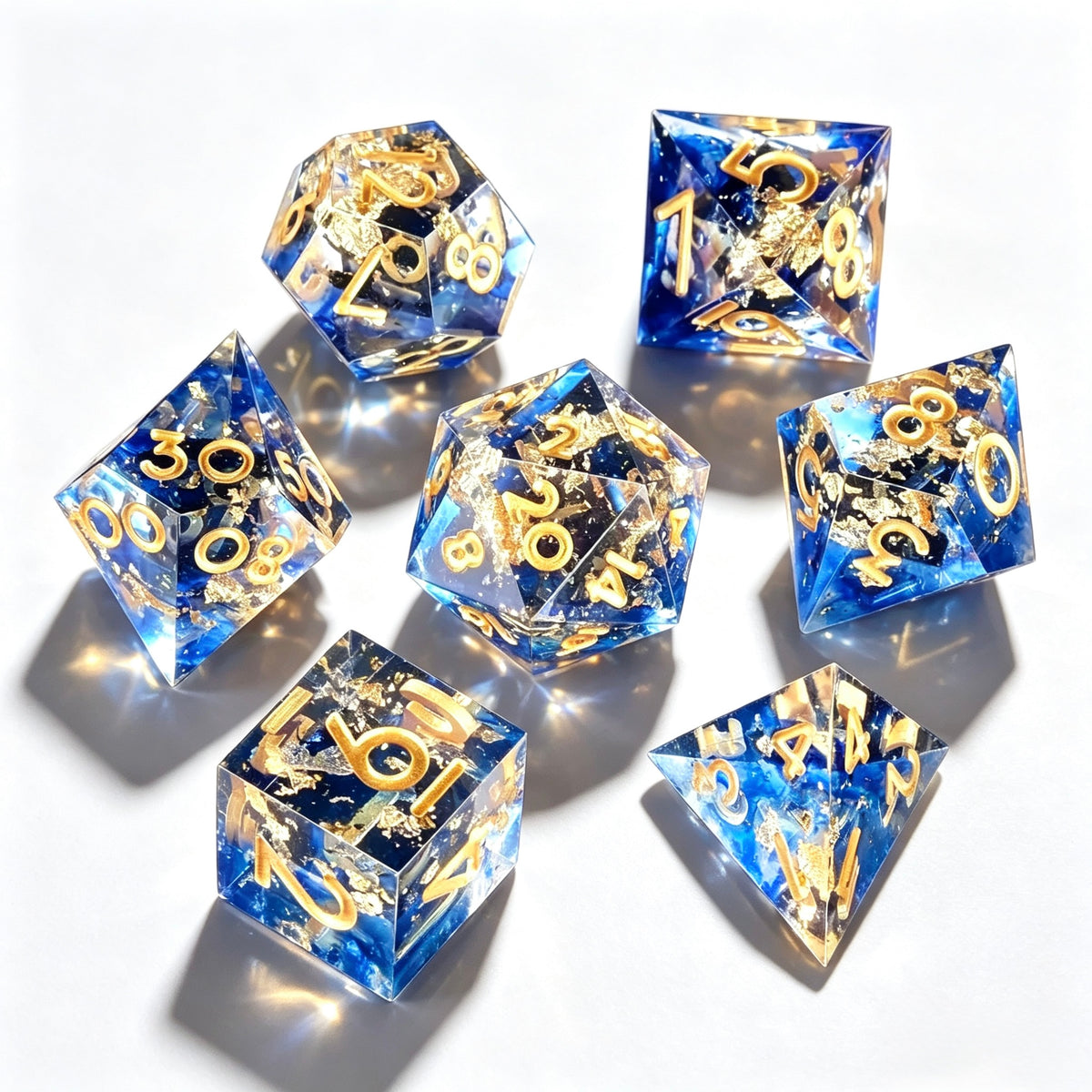 Gold Foil Blue Solid Core 7-Piece Dice Set