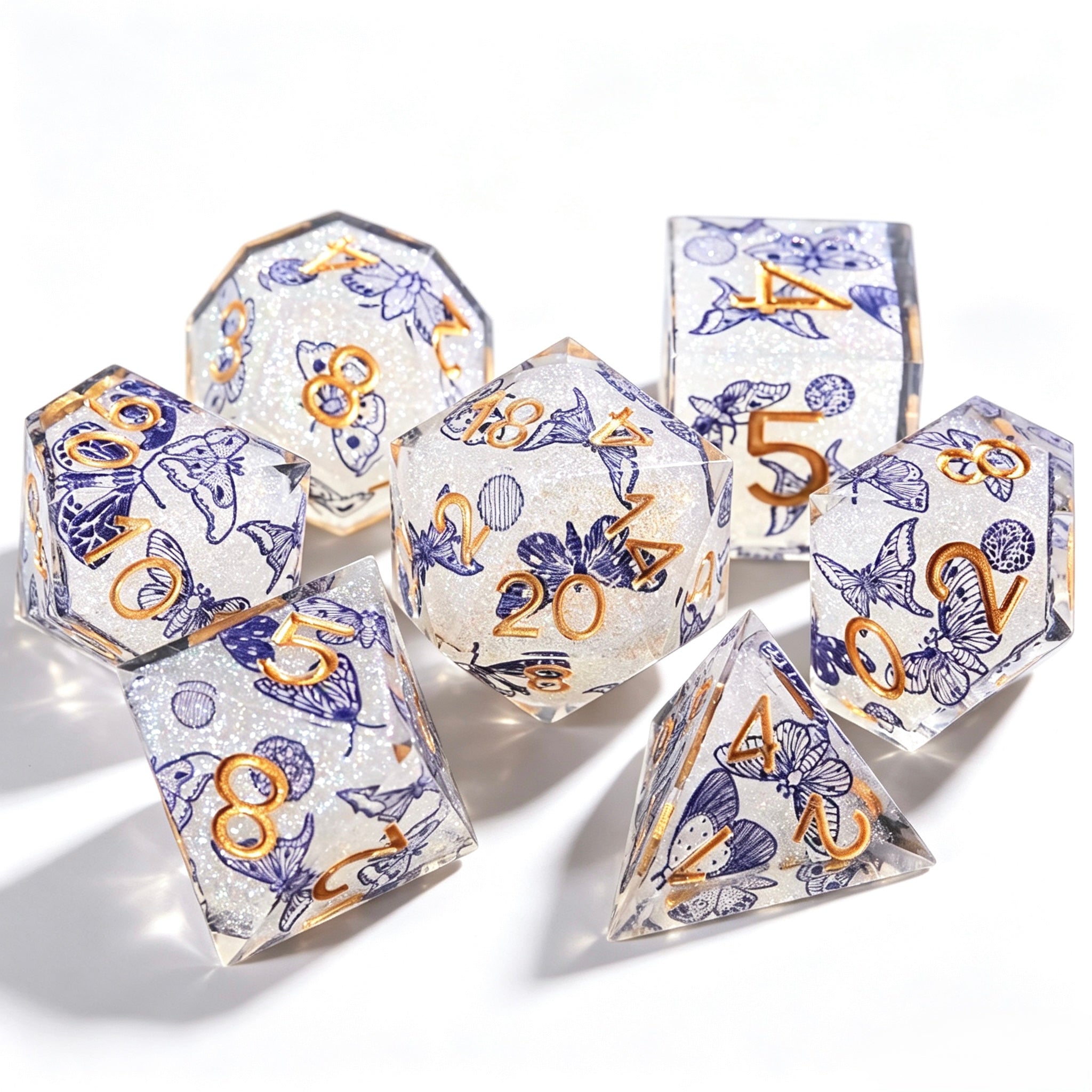 Procelain Butterfly Glitter Solid Core 7-Piece Dice Set