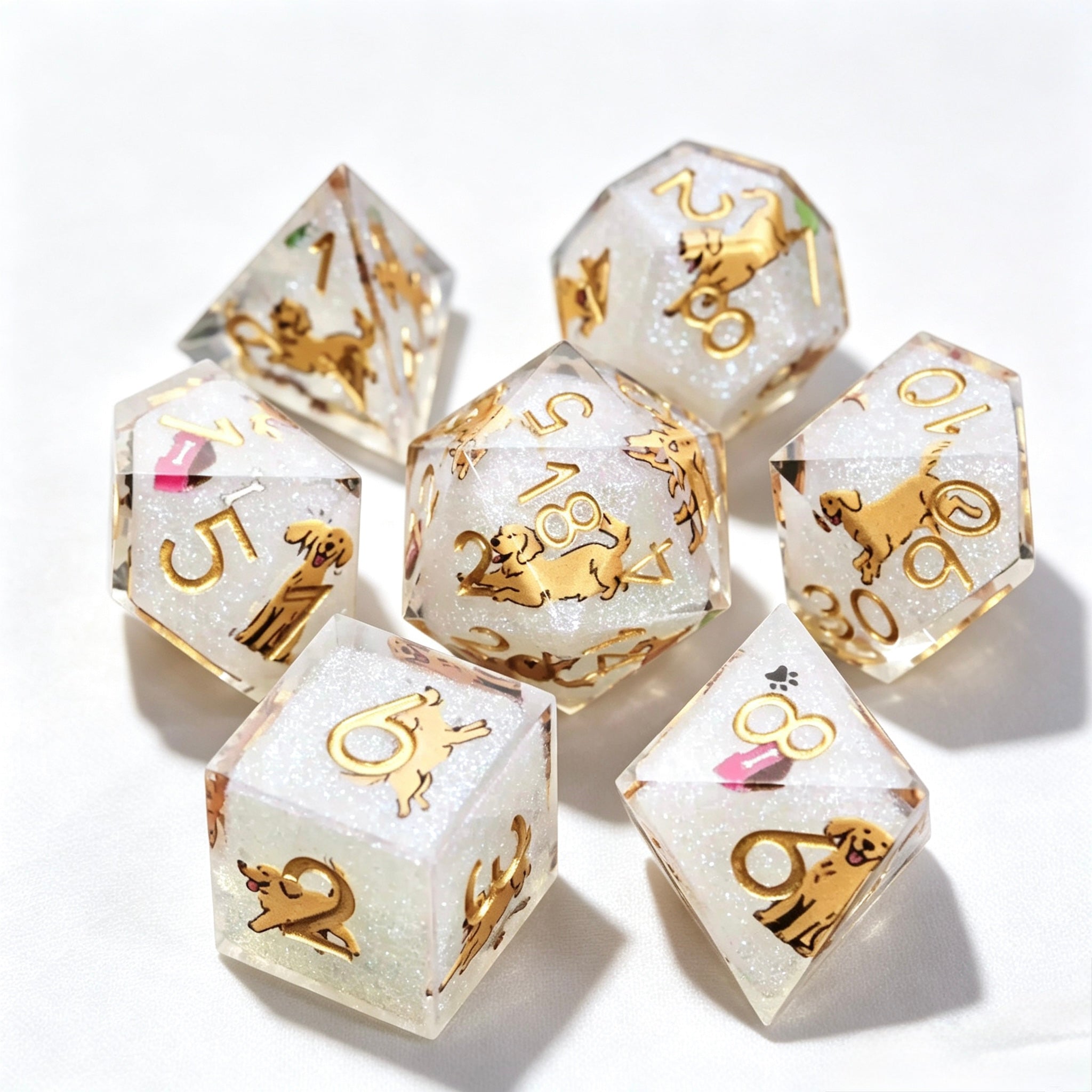 Golden Retriever Glitter Solid Core 7-Piece Dice Set