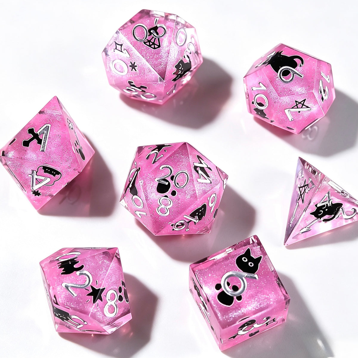Pink Cat & Paws Glitter Solid Core 7-Piece Dice Set