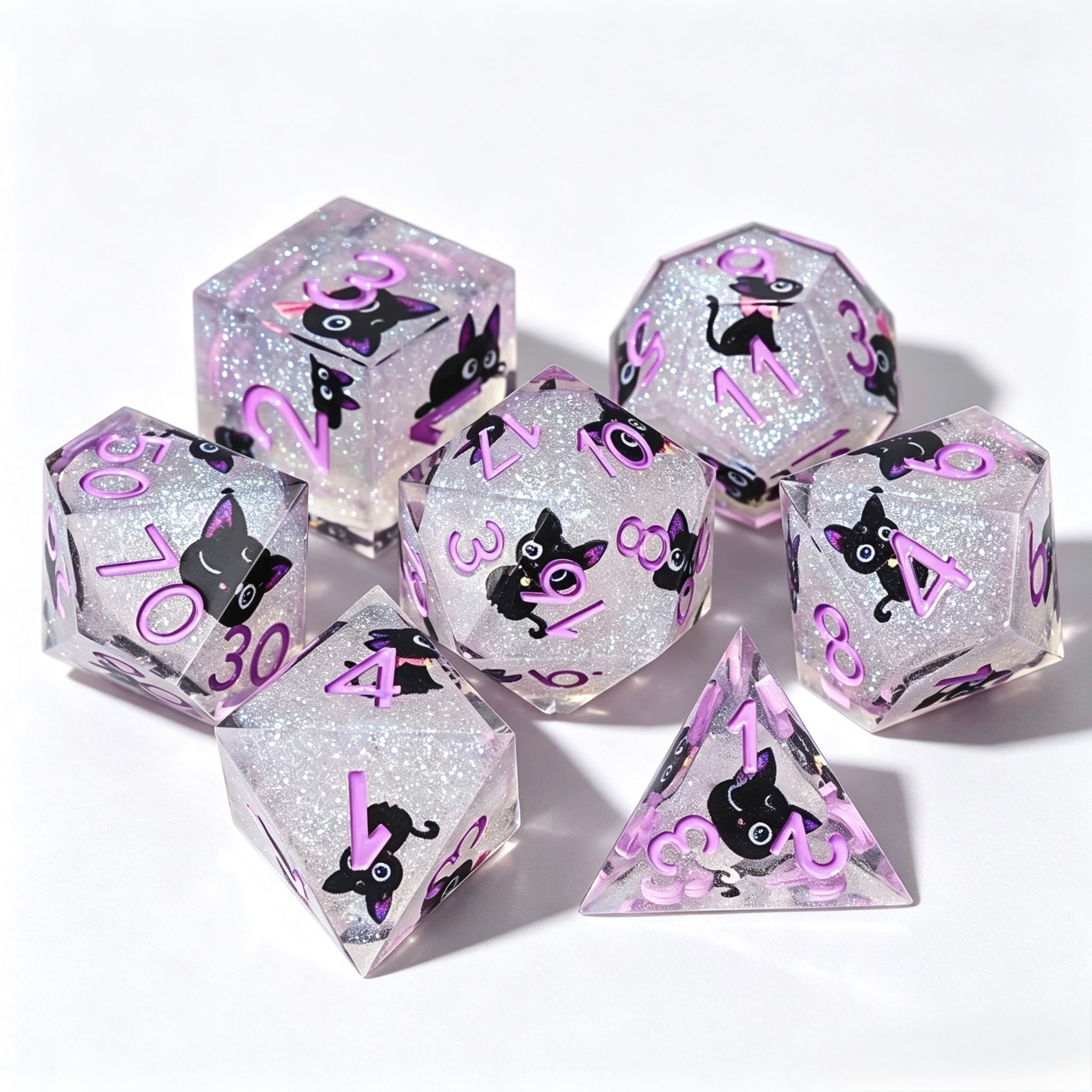 Silver Black Cat Glitter Solid Core 7-Piece Dice Set