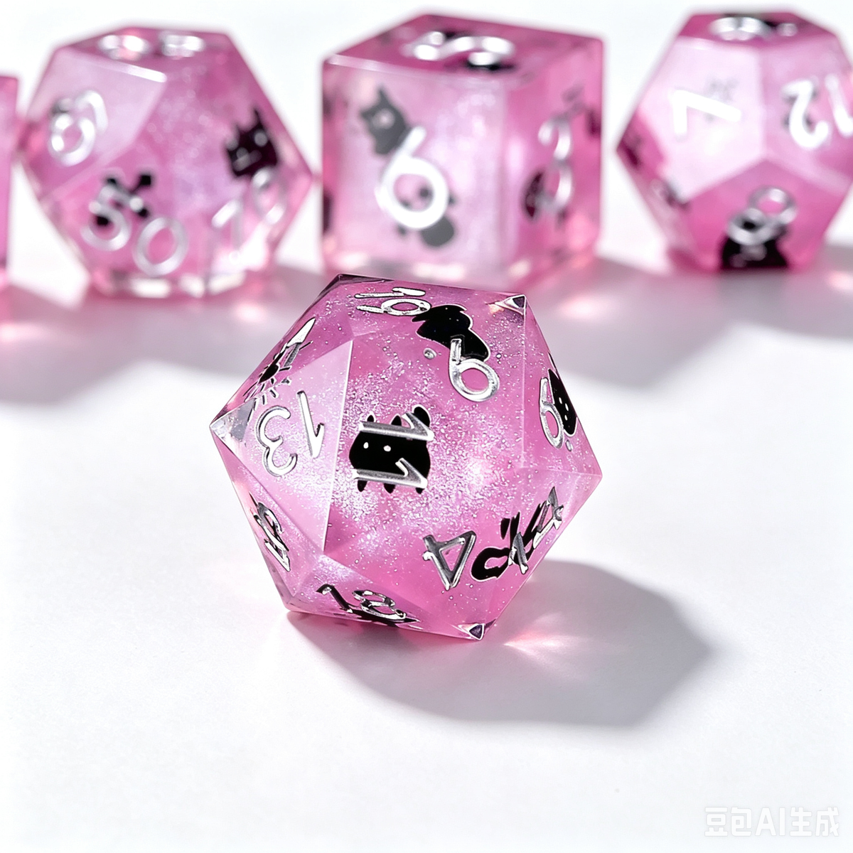 Pink Cat & Paws Glitter Solid Core 7-Piece Dice Set