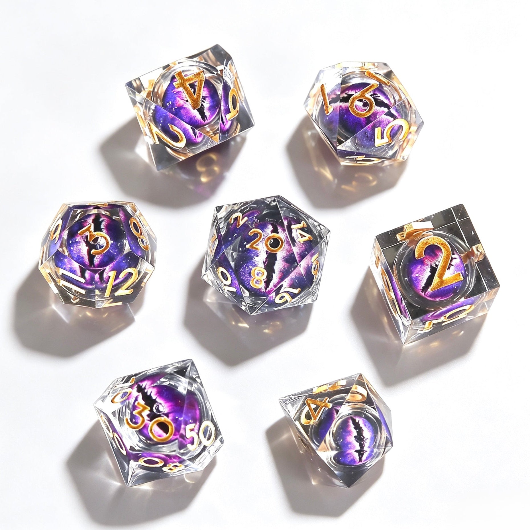 Clear-Purple Eye Gold Lettering Liquid Core 7-Piece Dice Set