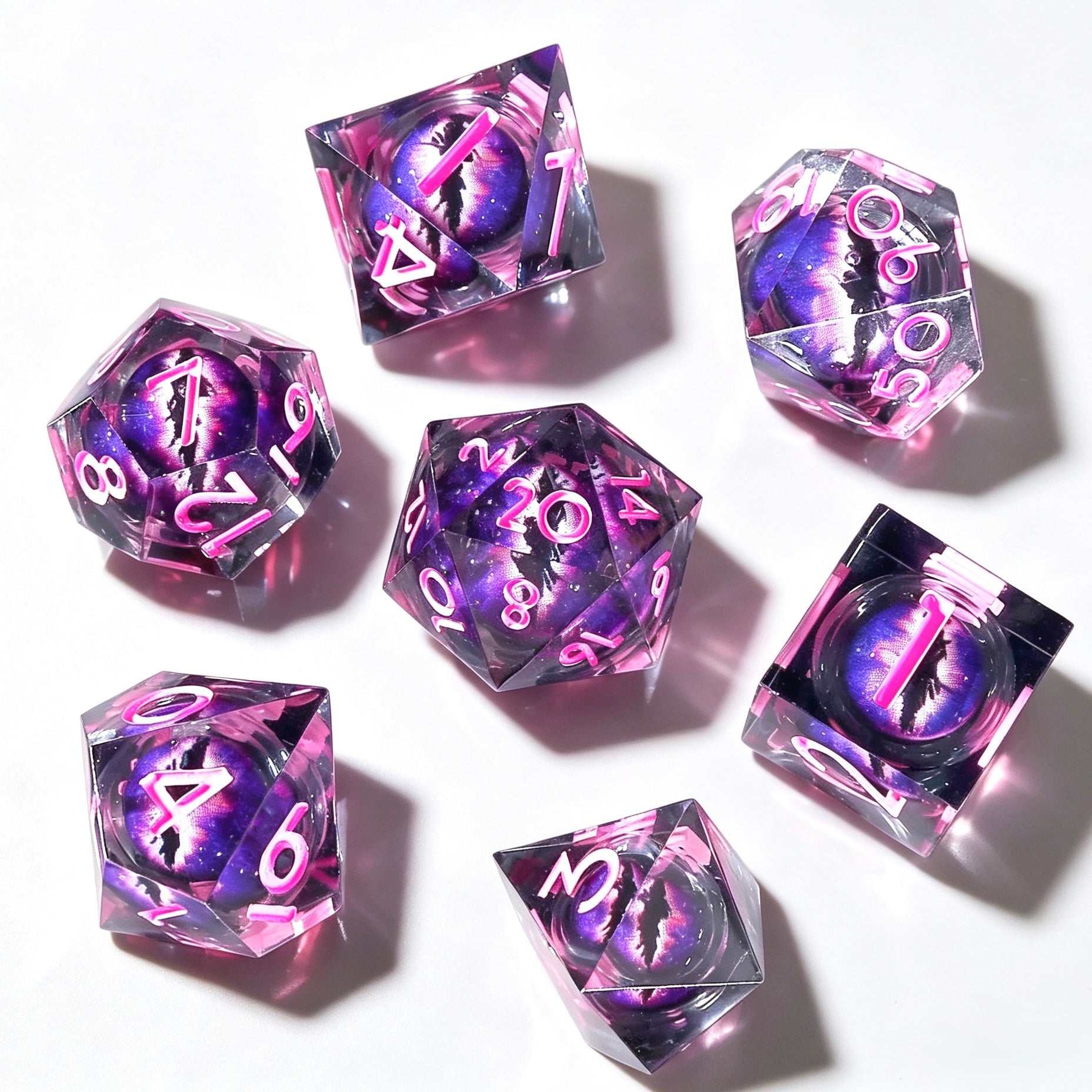 Clear-Purple Eye Pink Lettering Liquid Core 7-Piece Dice Set