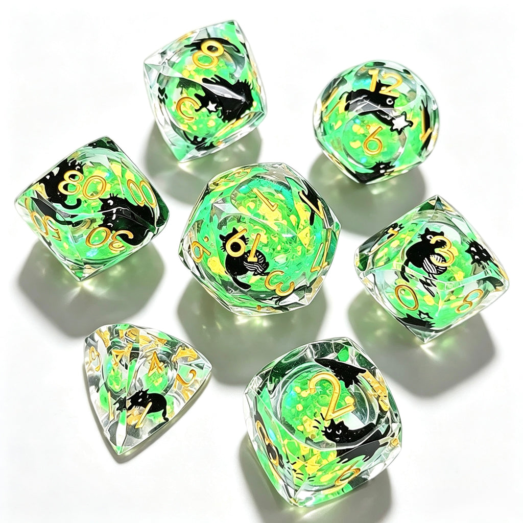 Neon Green Cat Diamond-Cut 7-Piece Dice Set (Glow-in-Dark)