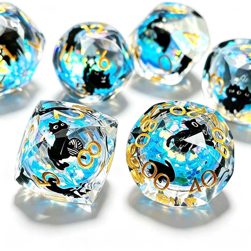 Blue Cat Diamond-Cut 7-Piece Dice Set (Glow-in-Dark)