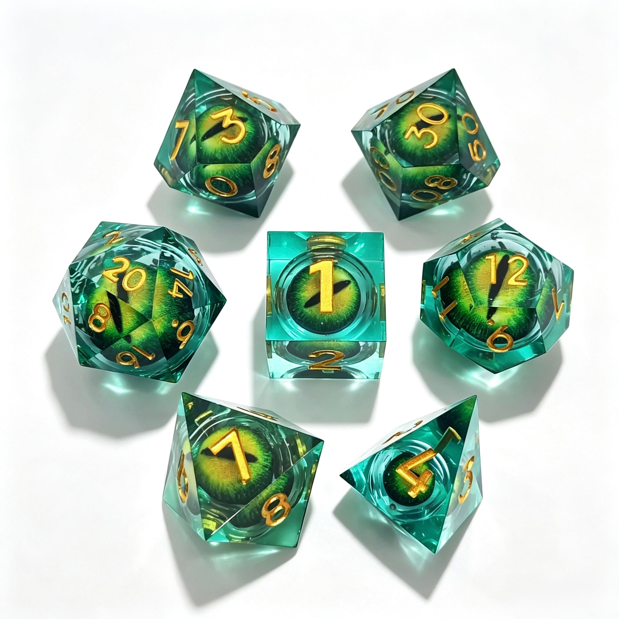 Green-Green Gold Lettering Eye Liquid Core 7-Piece Dice Set