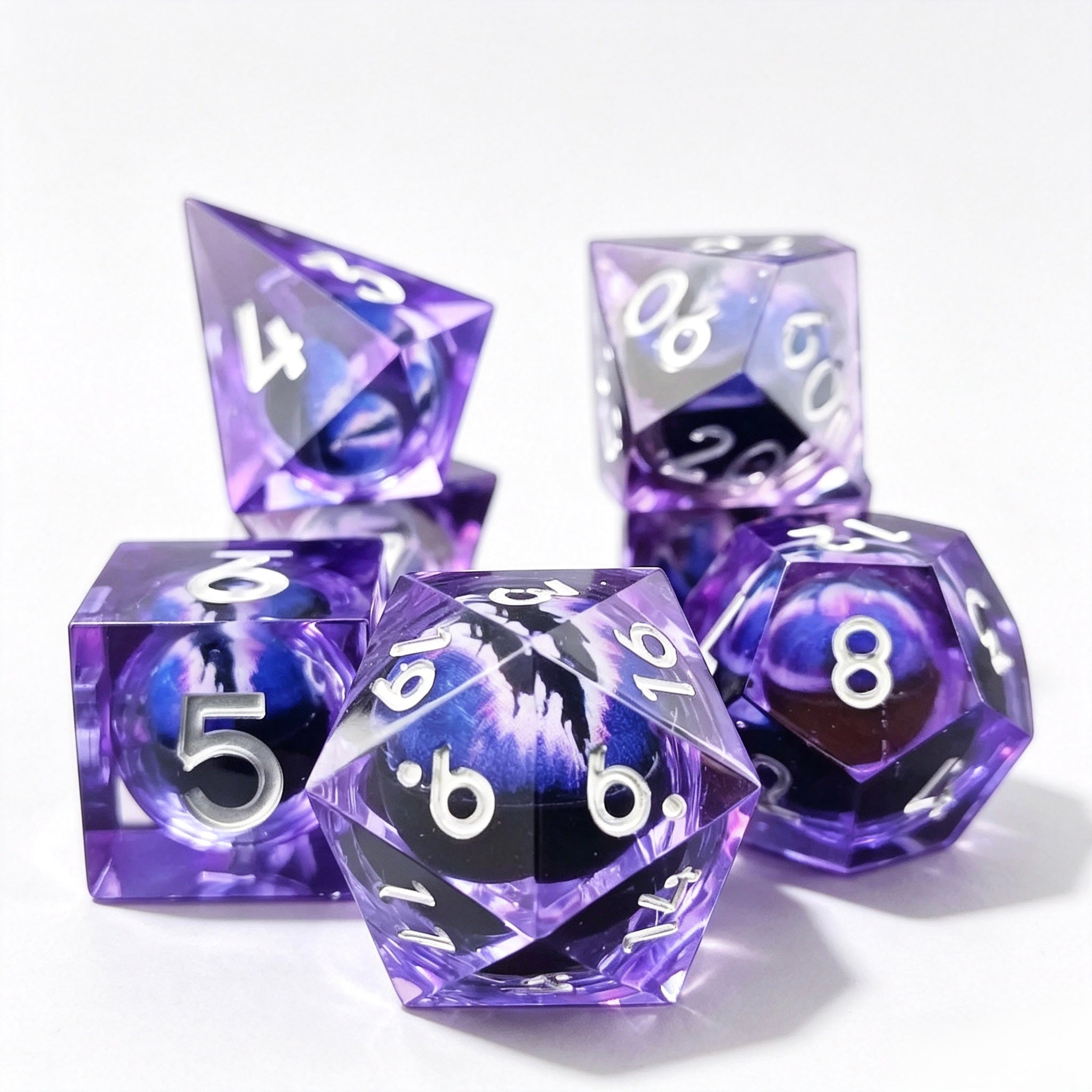 Purple-Purple Eye Silver Lettering Liquid Core 7-Piece Dice Set