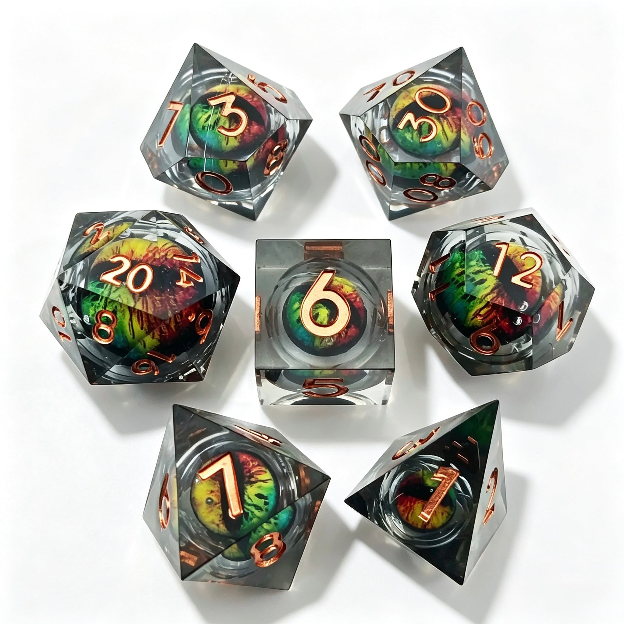 Black-Tricolor Eye Bronze Lettering Liquid Core 7-Piece Dice Set