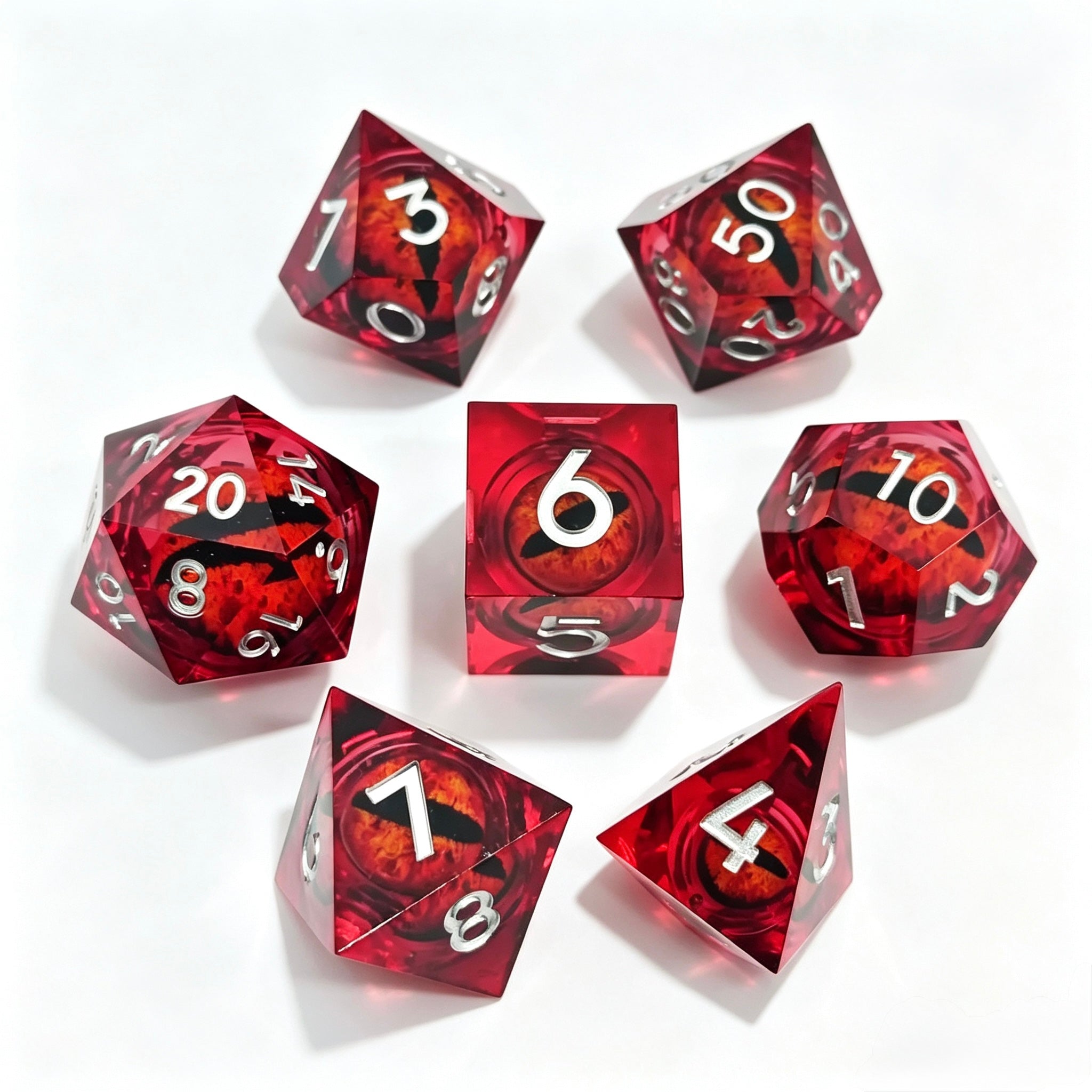 Red-Red Eye White Lettering Liquid Core 7-Piece Dice Set