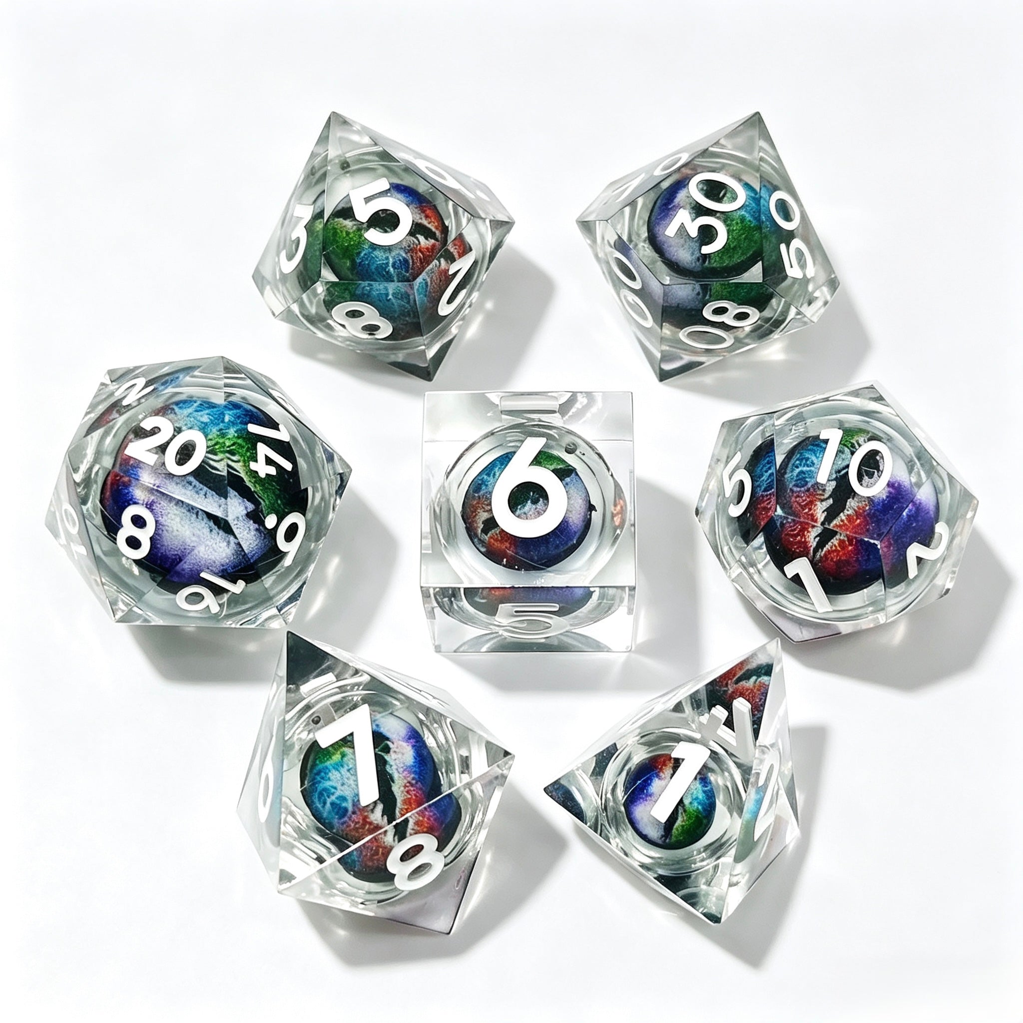 Clear-Color Eye White Lettering Liquid Core 7-Piece Dice Set