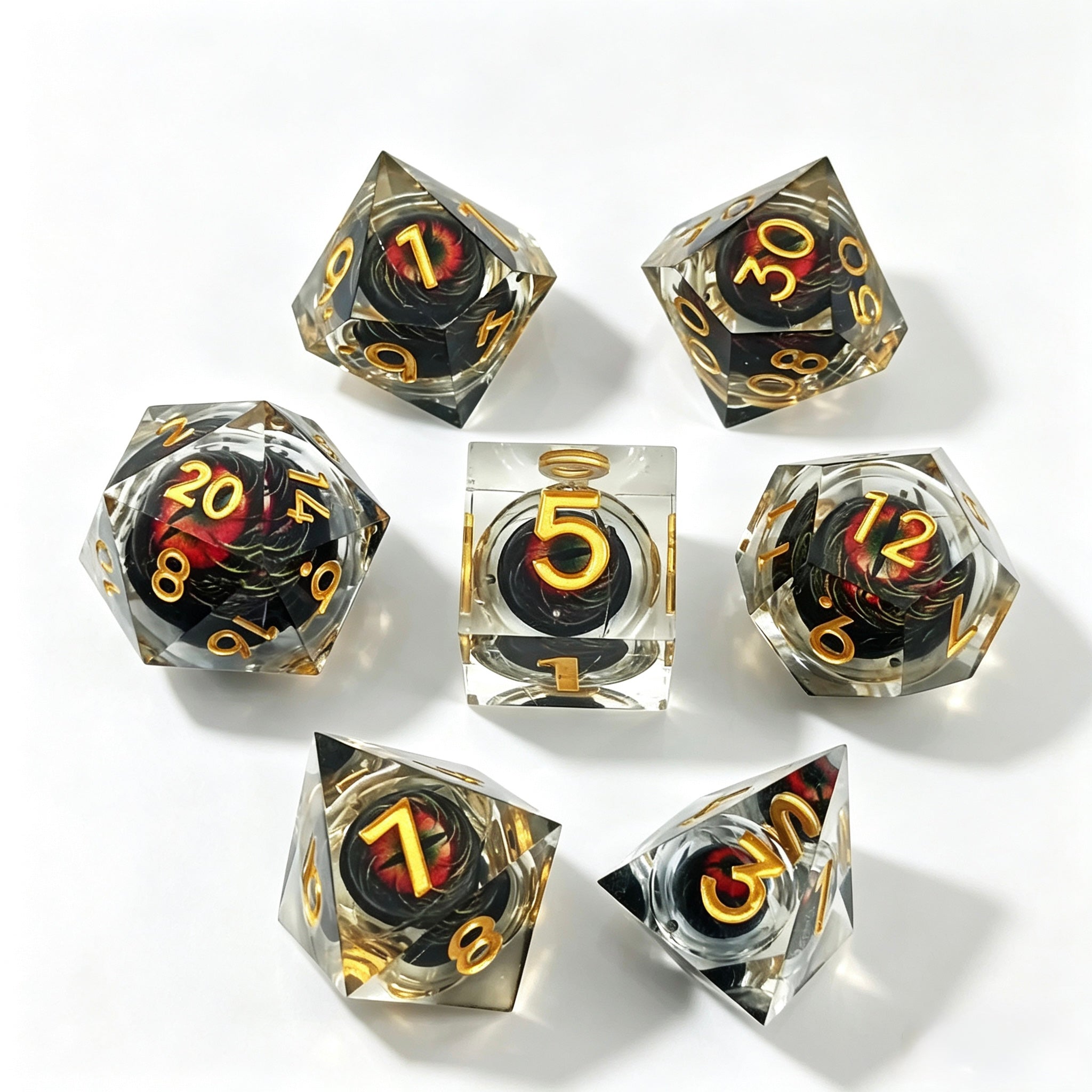 Clear-Red Reptile Eye Liquid Core 7-Piece Dice Set