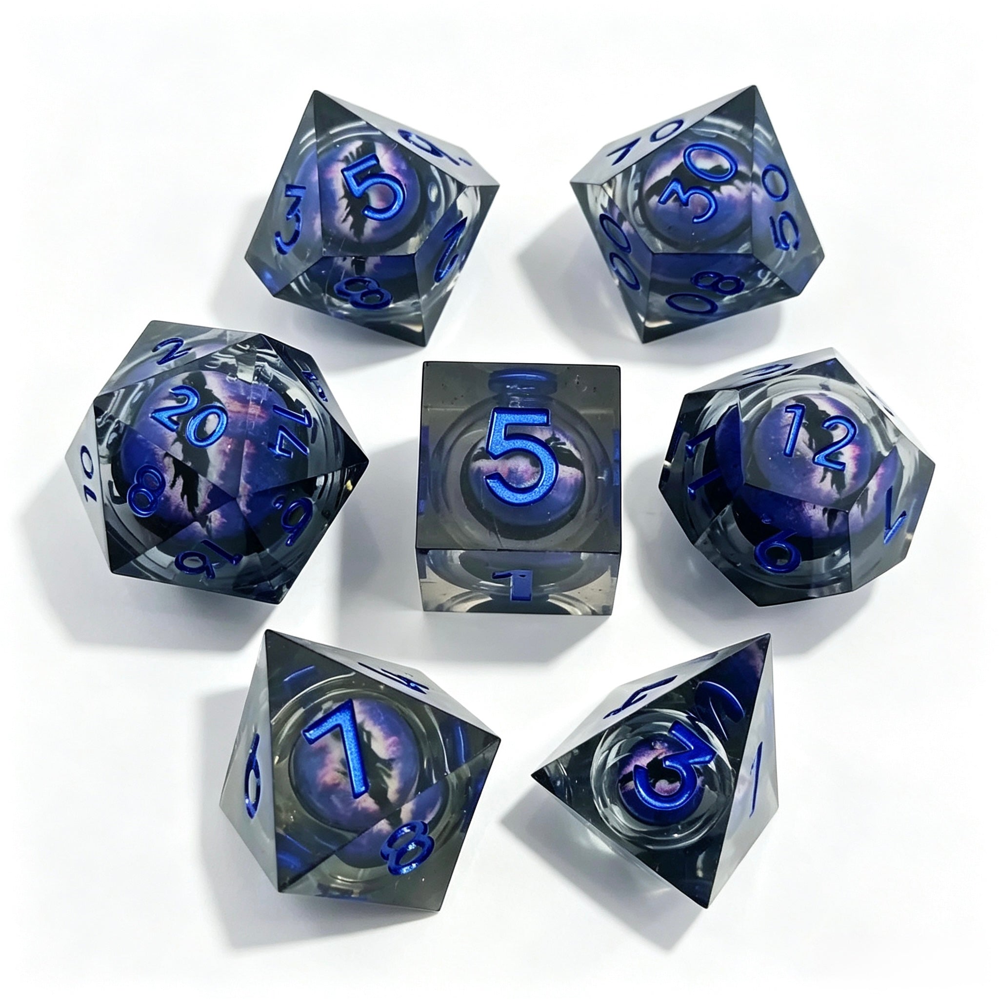Black-Purple Eye Blue Lettering Liquid Core 7-Piece Dice Set