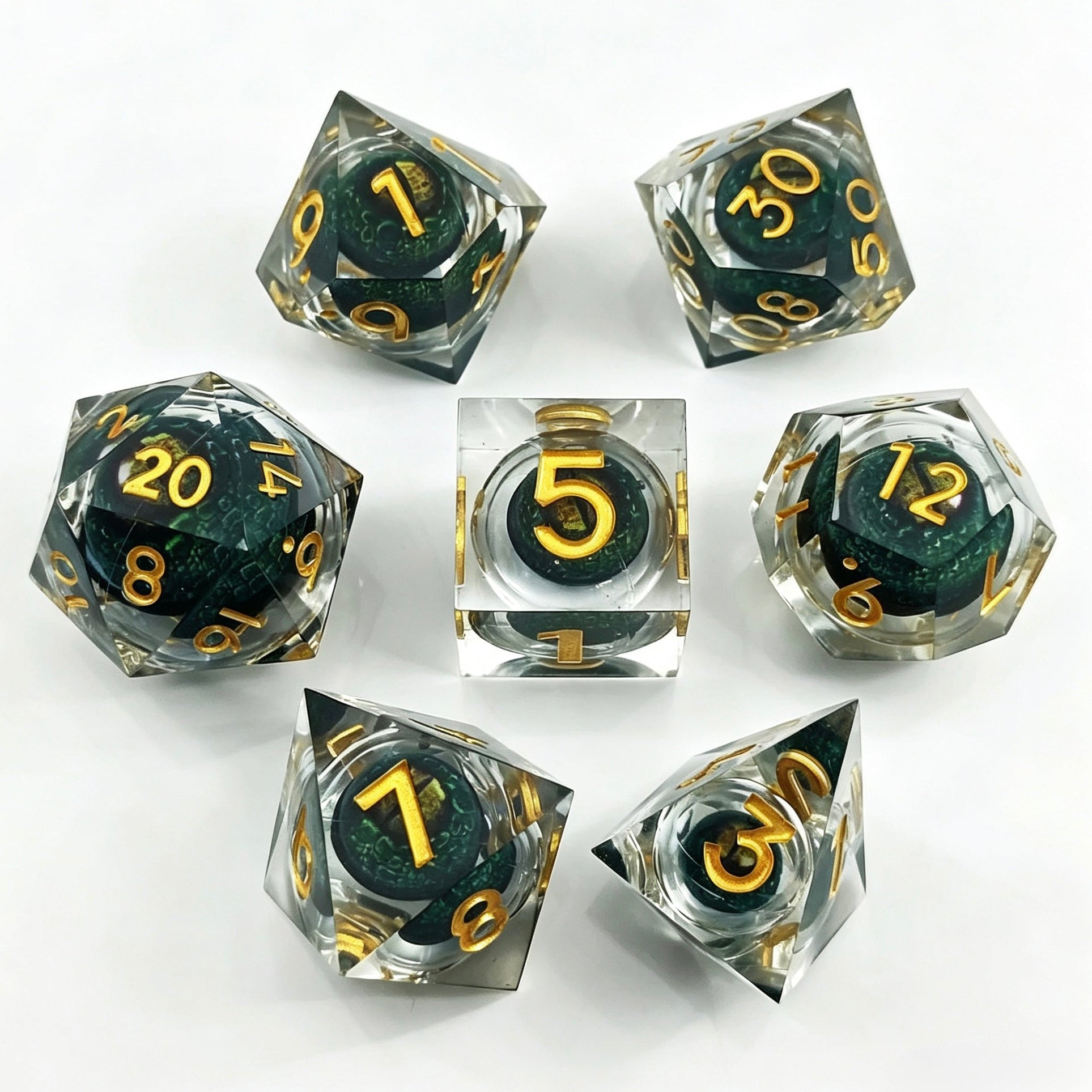 Clear-Green Gold Lettering Eye Liquid Core 7-Piece Dice Set