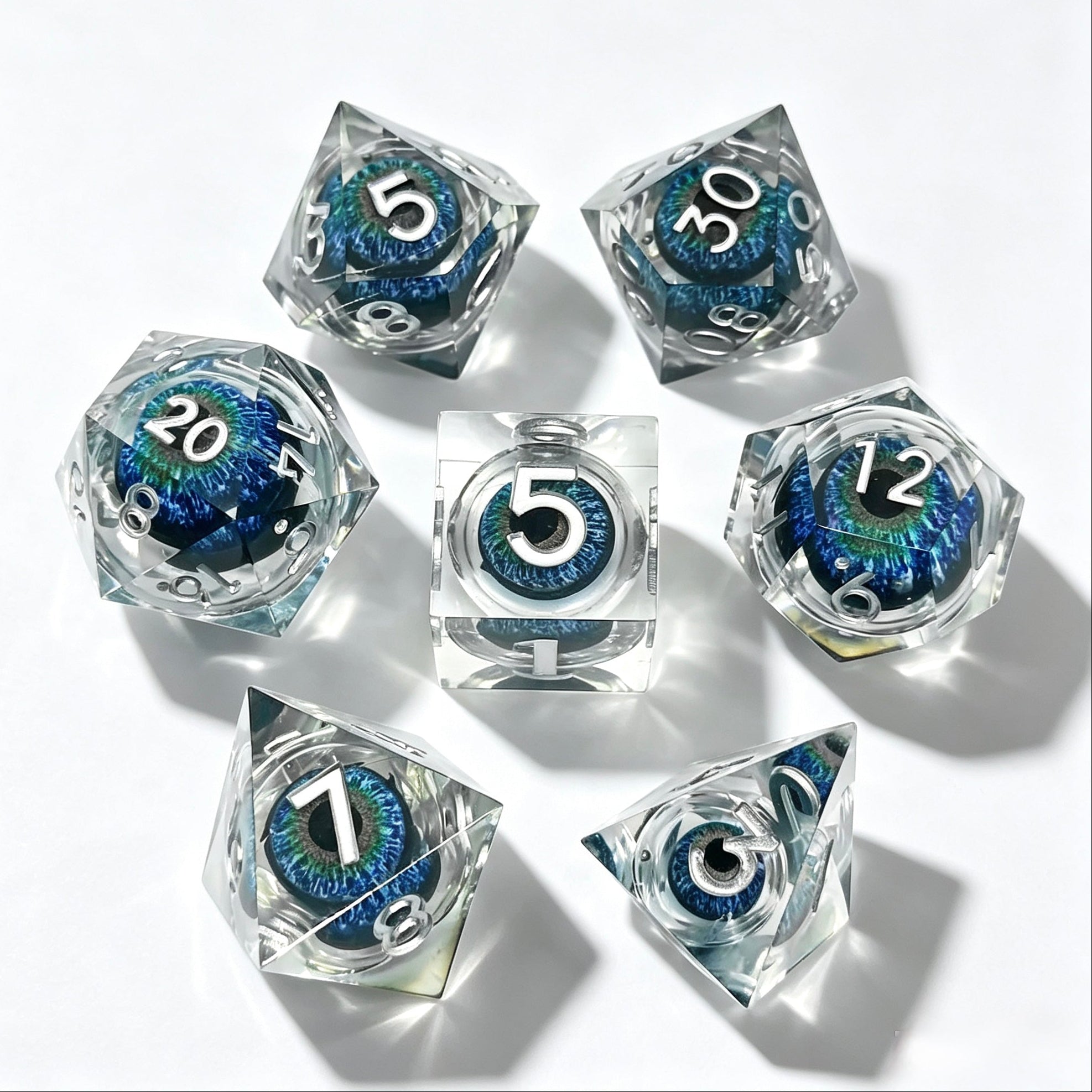 Clear-Blue Silver Lettering Eye Liquid Core 7-Piece Dice Set