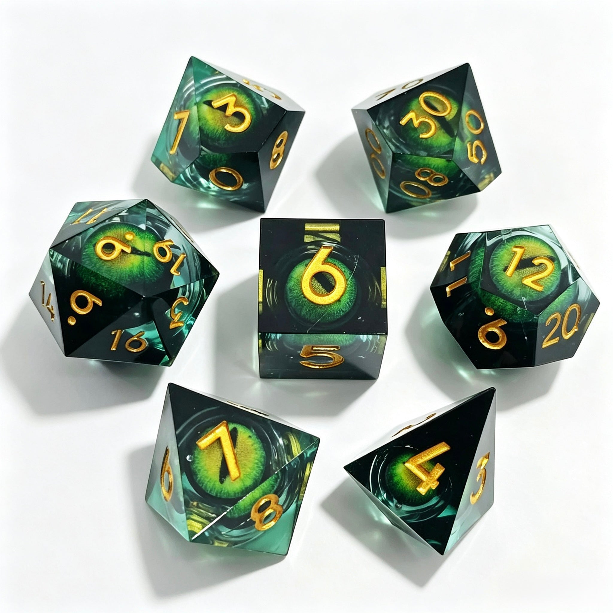 Black-Green Gold Lettering Eye Liquid Core 7-Piece Dice Set
