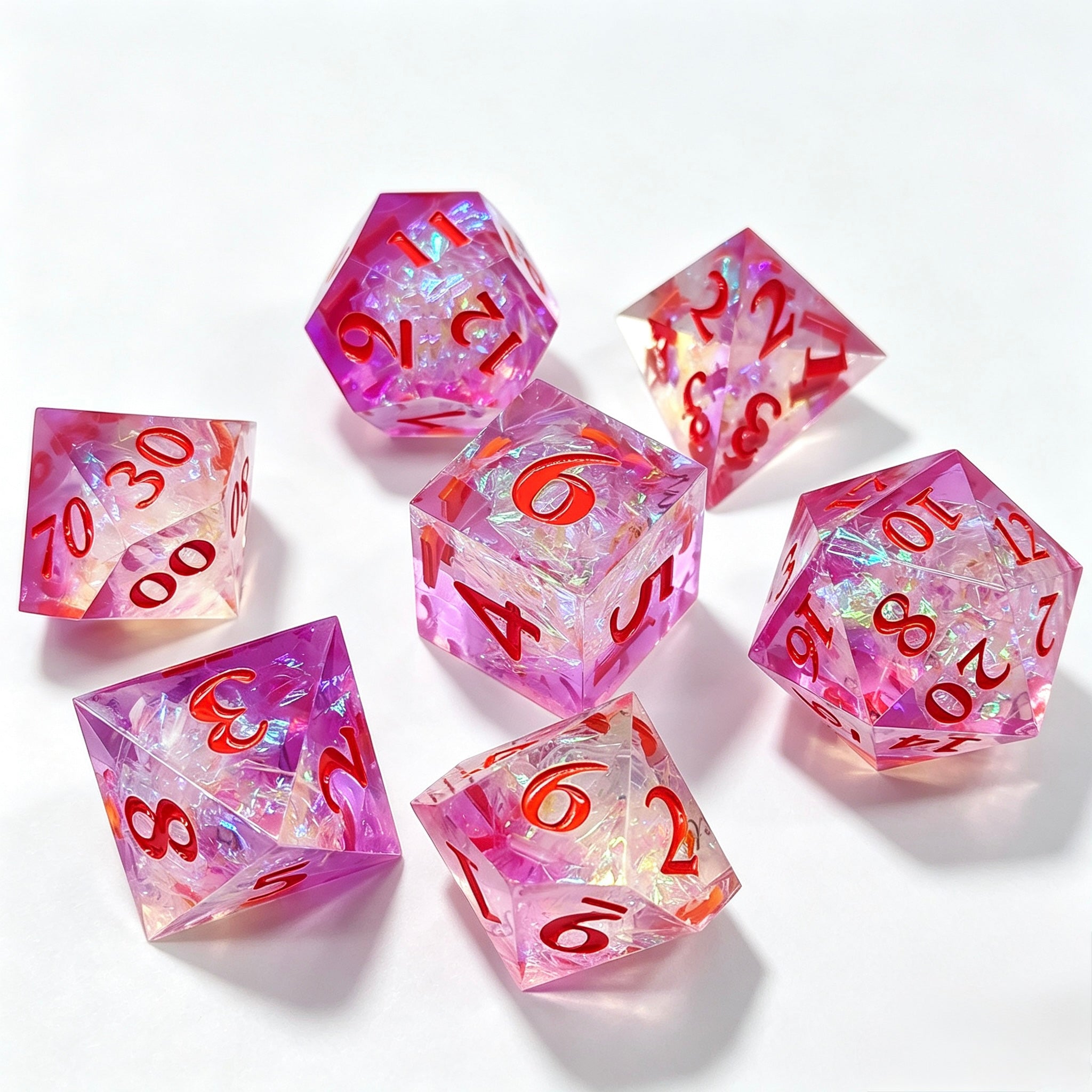 Pink Iridescent Flakes Solid Core 7-Piece Dice Set
