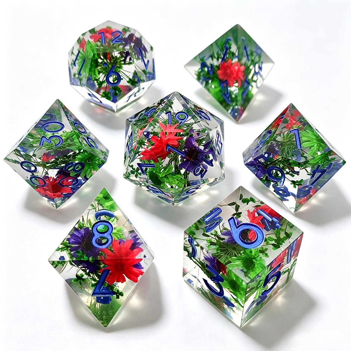 Tropical Flower Blue Solid Core 7-Piece Dice Set