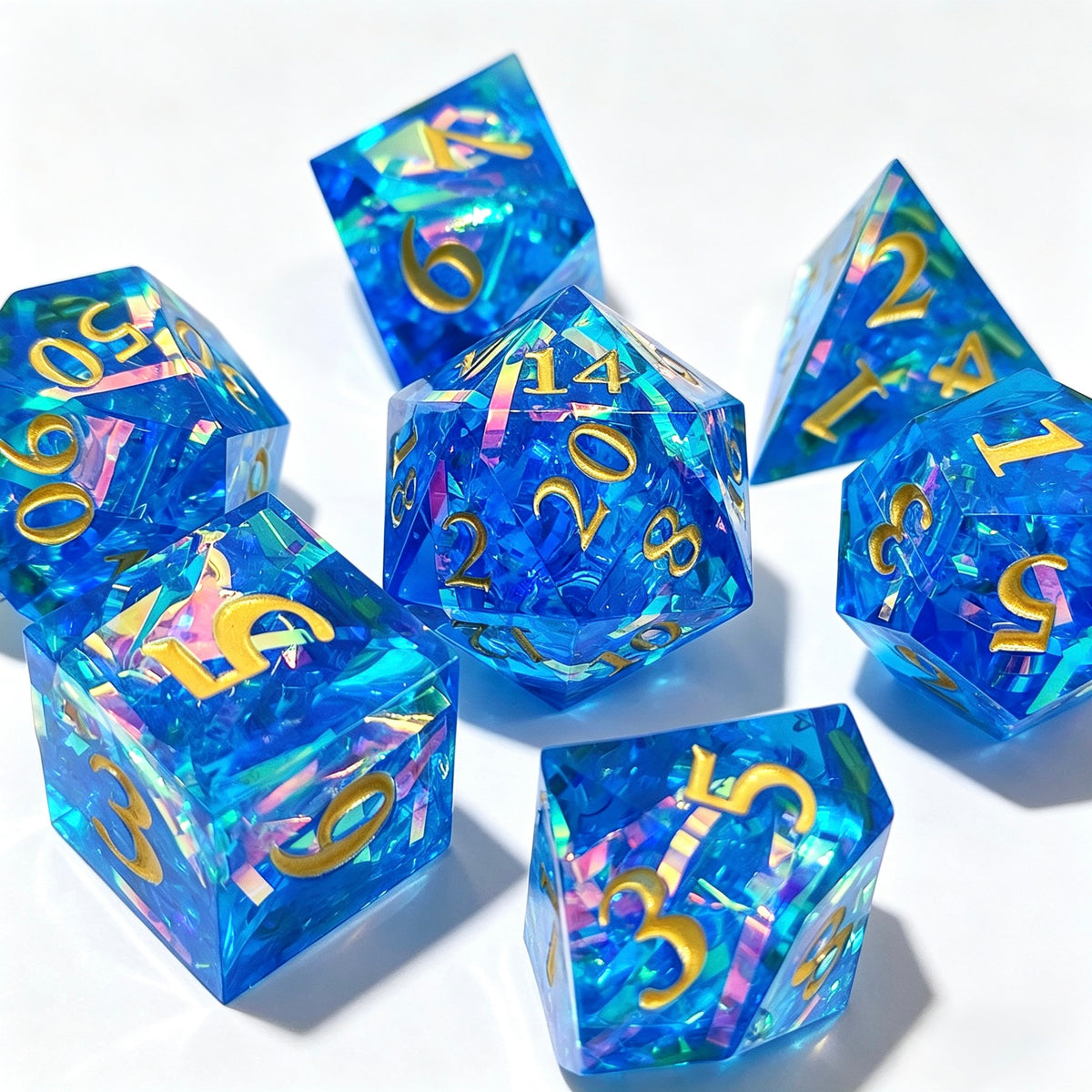 Blue Iridescent Flakes Solid Core 7-Piece Dice Set