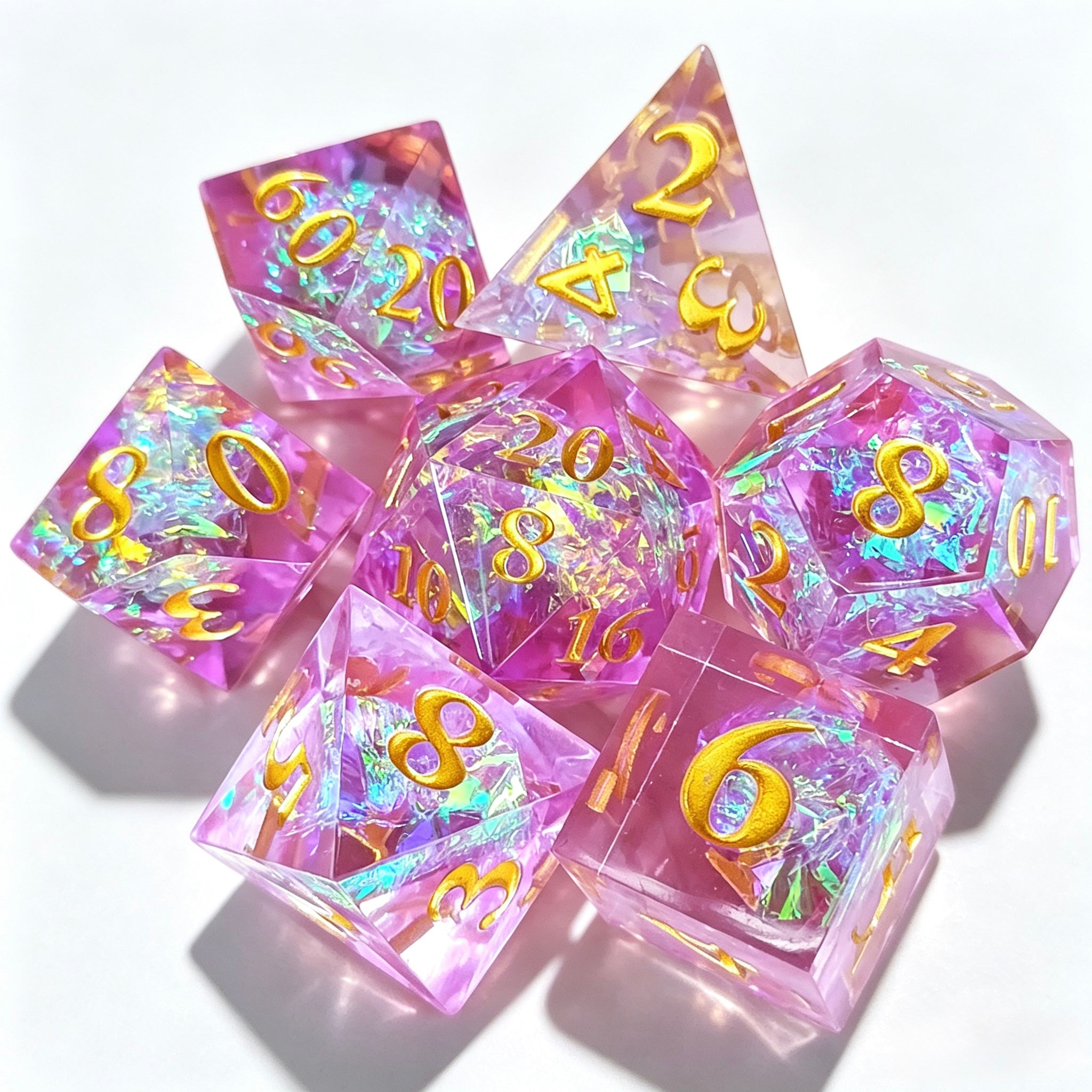 Pink Iridescent Flakes Solid Core 7-Piece Dice Set