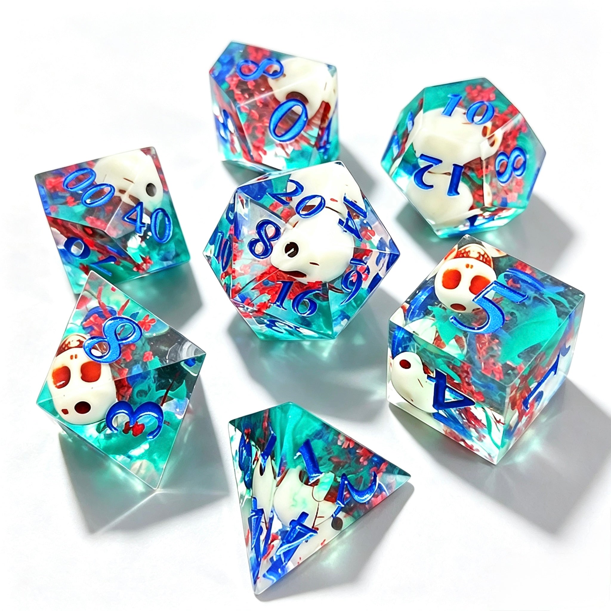Aqua Skulls Solid Core 7-Piece Dice Set