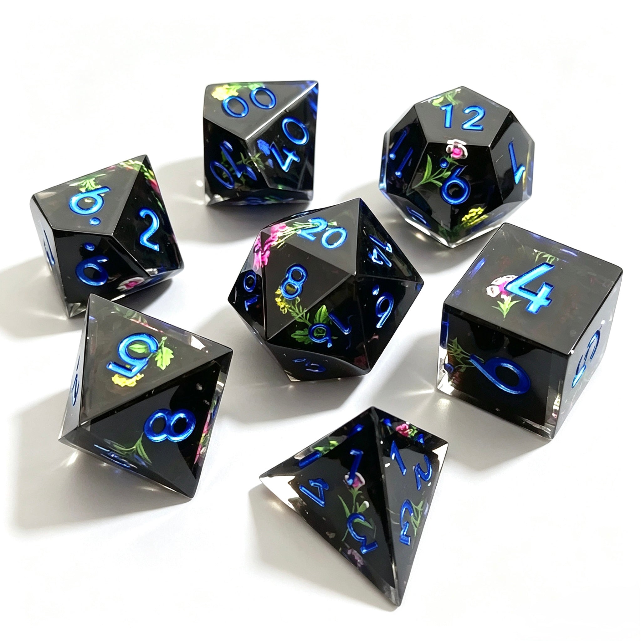 Flower Garden Black Solid Core 7-Piece Dice Set
