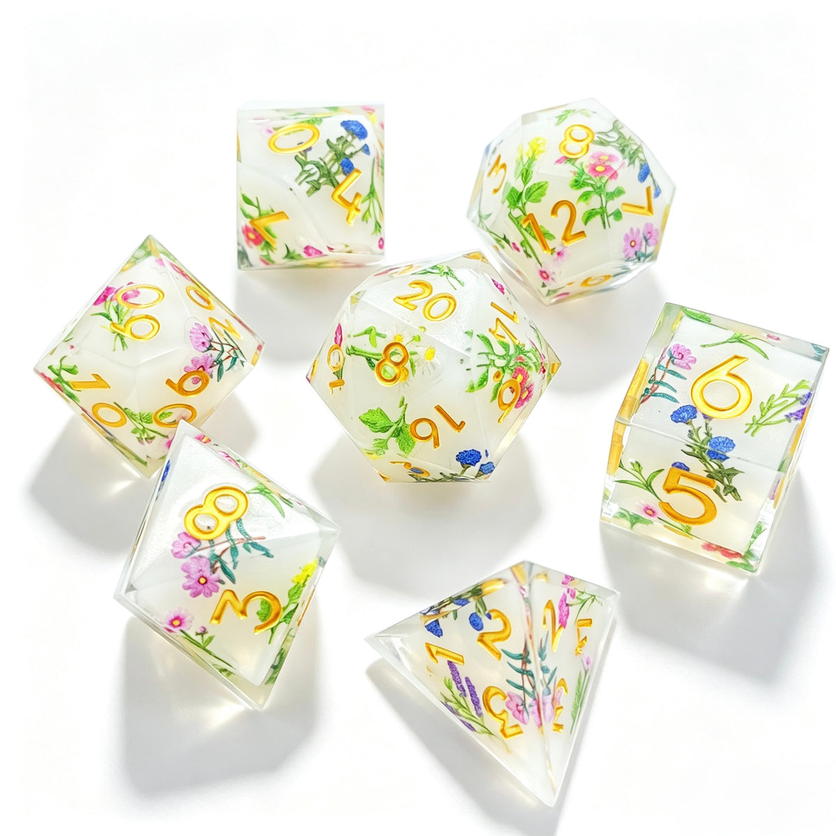 Flower Garden White Solid Core 7-Piece Dice Set