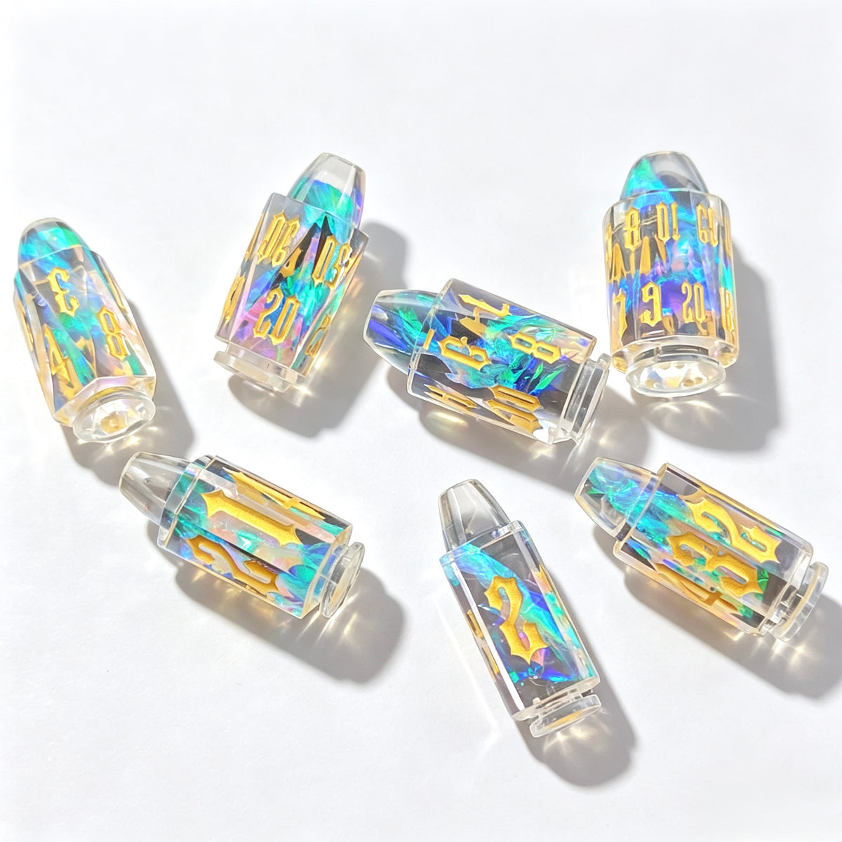 Clear Iridescent Flakes Bullet Solid Core 7-Piece Dice Set