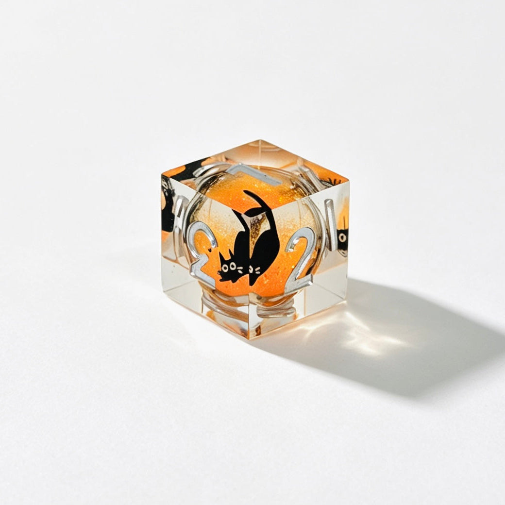 Orange Black Cat Liquid Core 7-Piece Dice Set