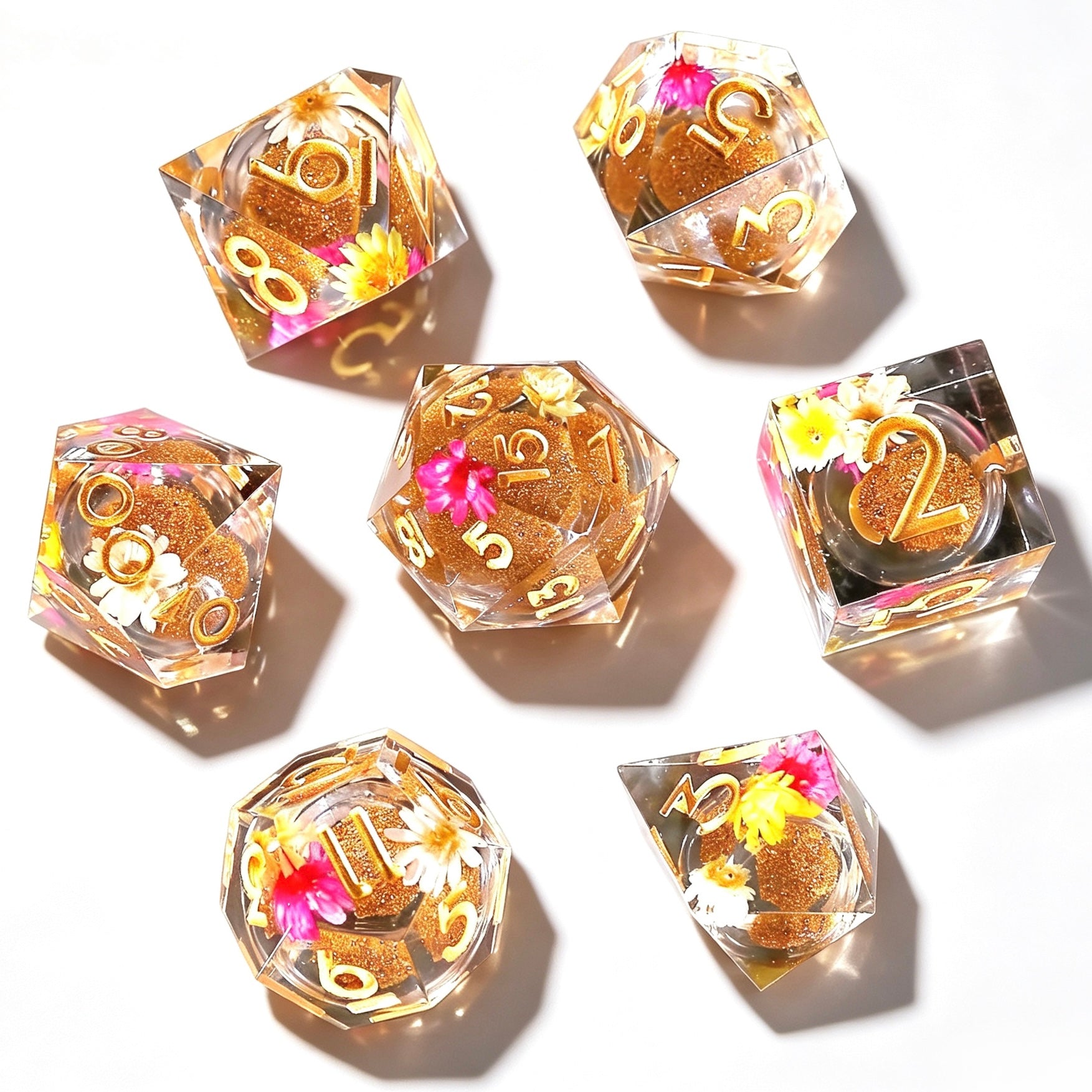 Warm Gold Flowers Liquid Core 7-Piece Dice Set