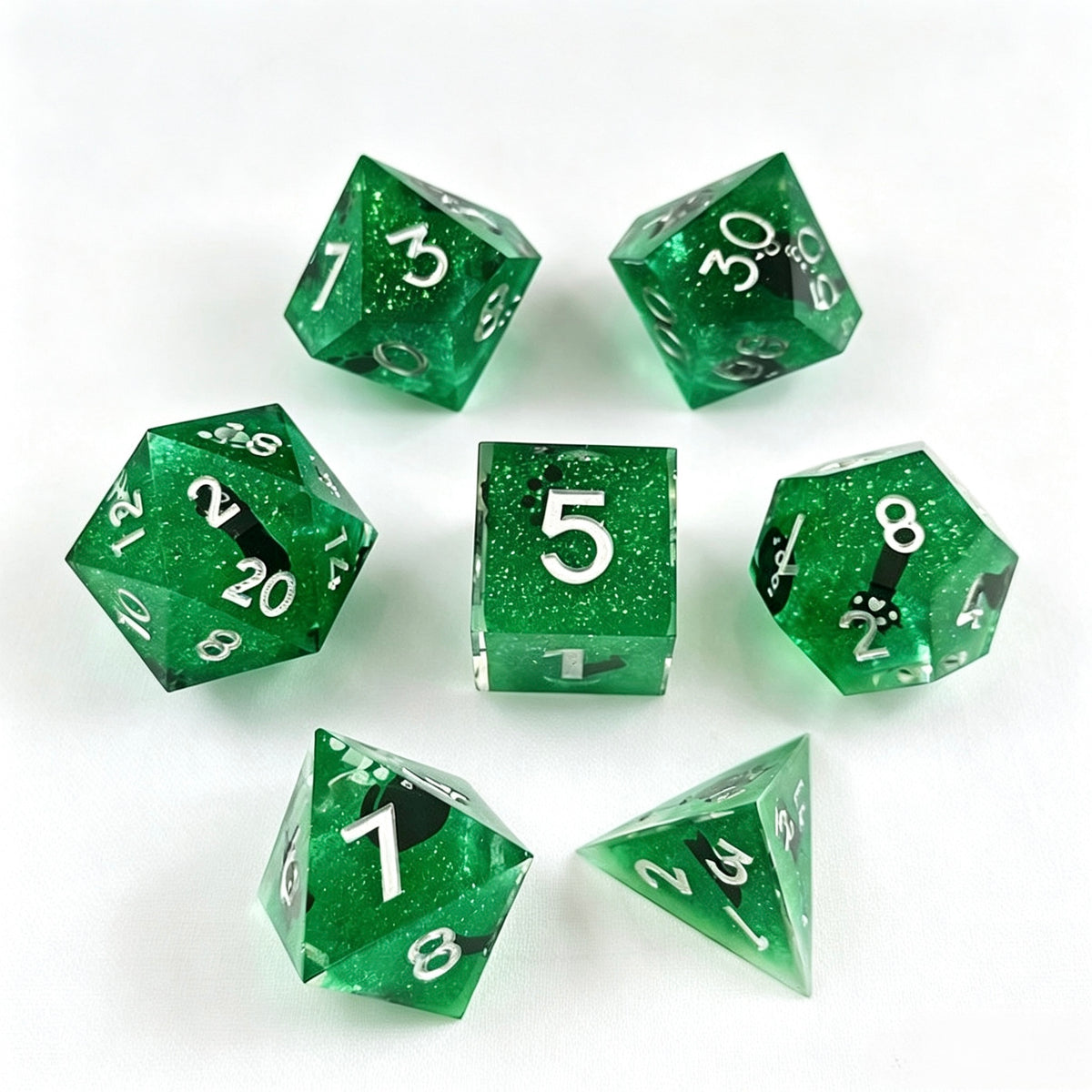 Green Cat Glitter Solid Core 7-Piece Dice Set