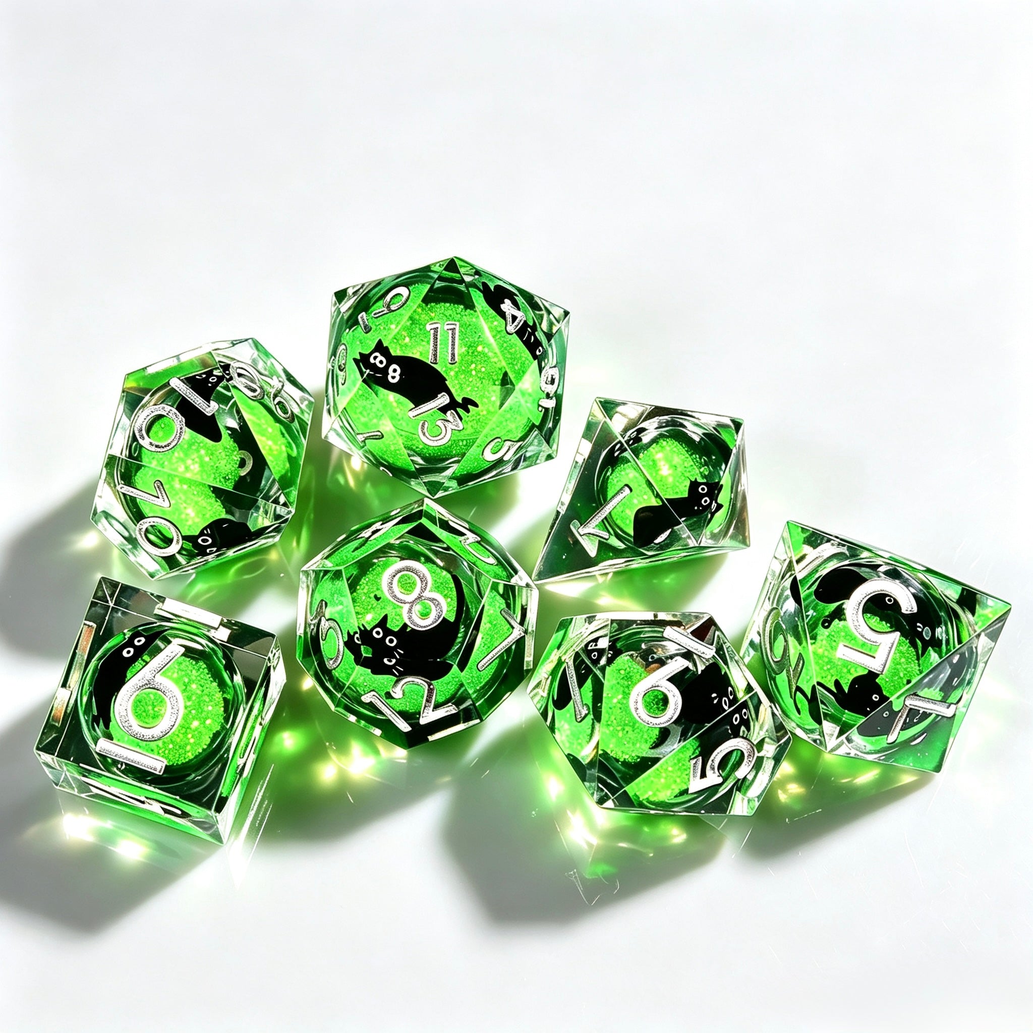 Green Black Cat Liquid Core 7-Piece Dice Set
