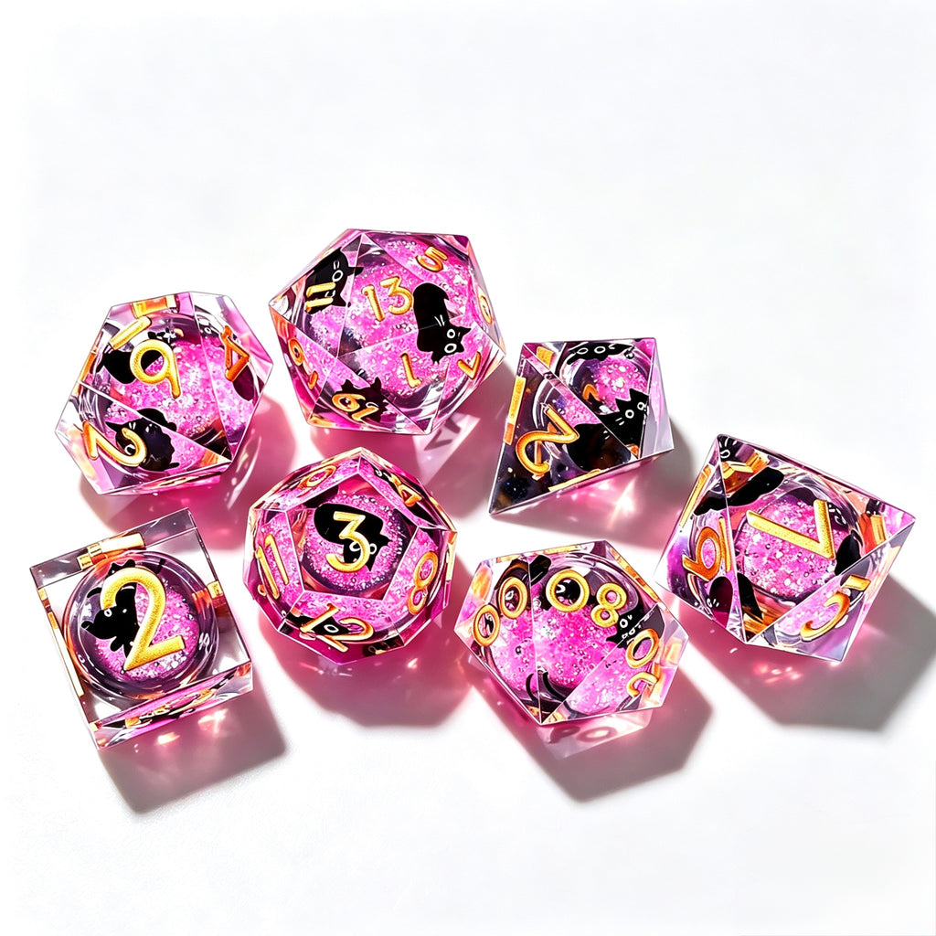 Sakura Pink Black Cat Liquid Core 7-Piece Dice Set