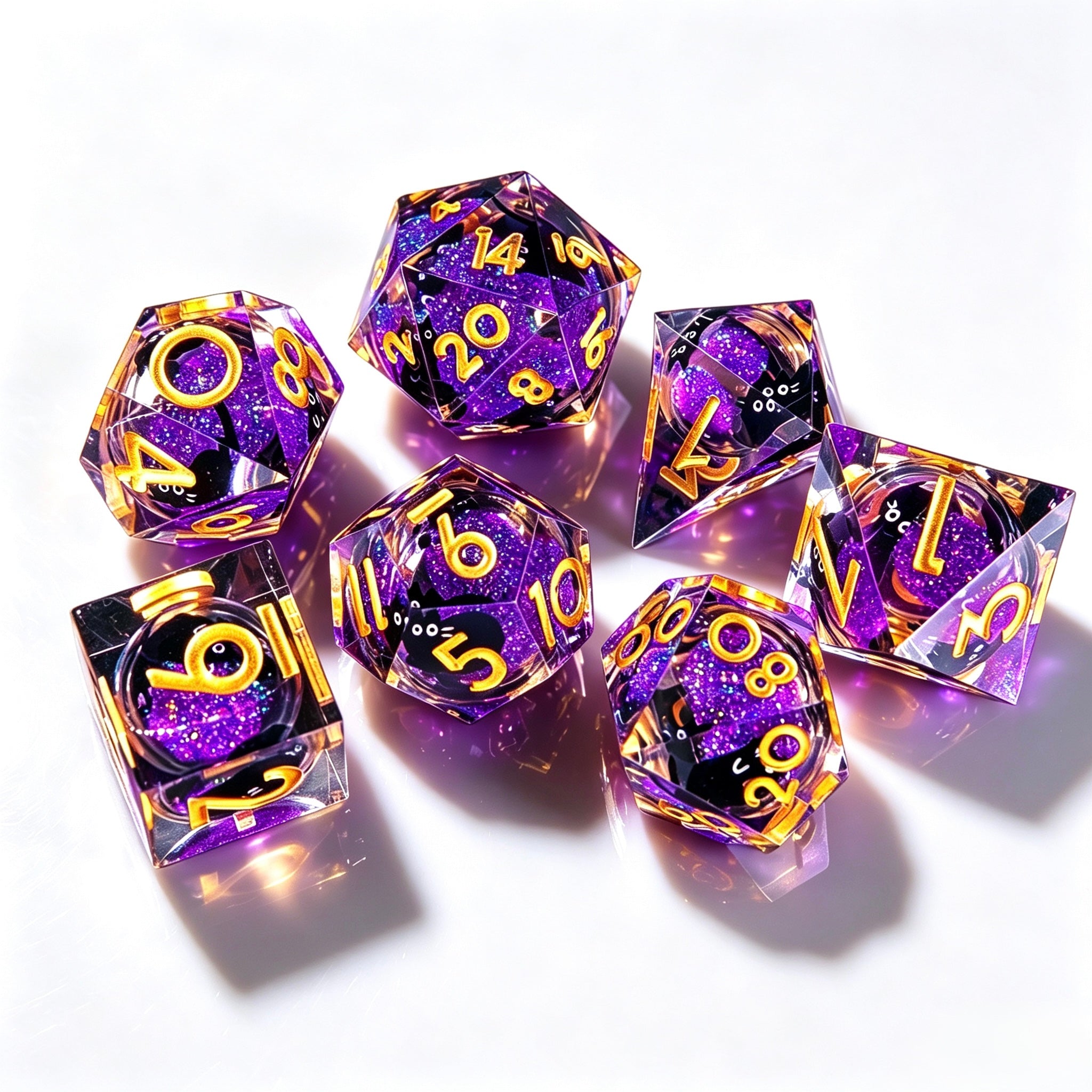 Golden Purple Black Cat Liquid Core 7-Piece Dice Set