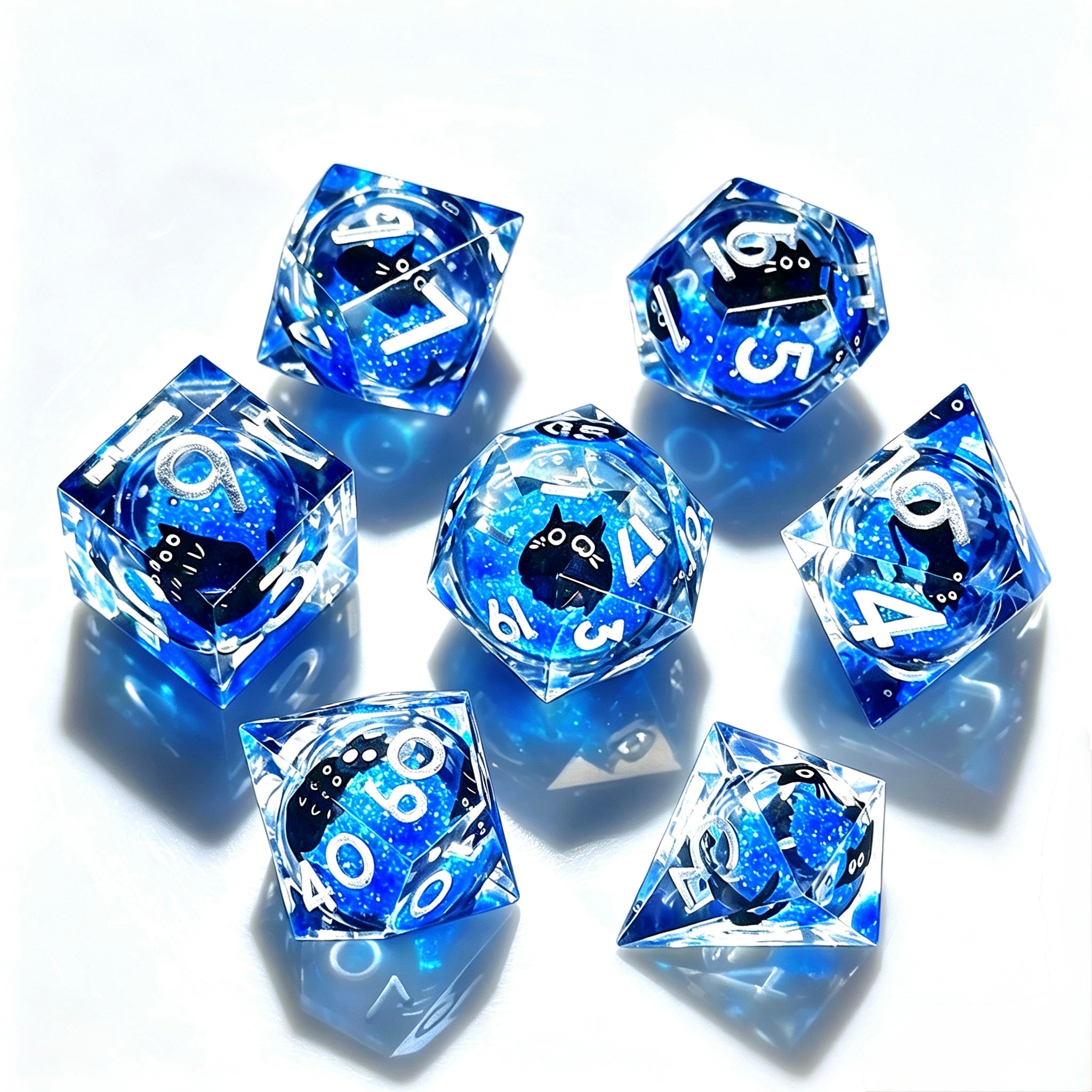 Blue Black Cat Liquid Core 7-Piece Dice Set