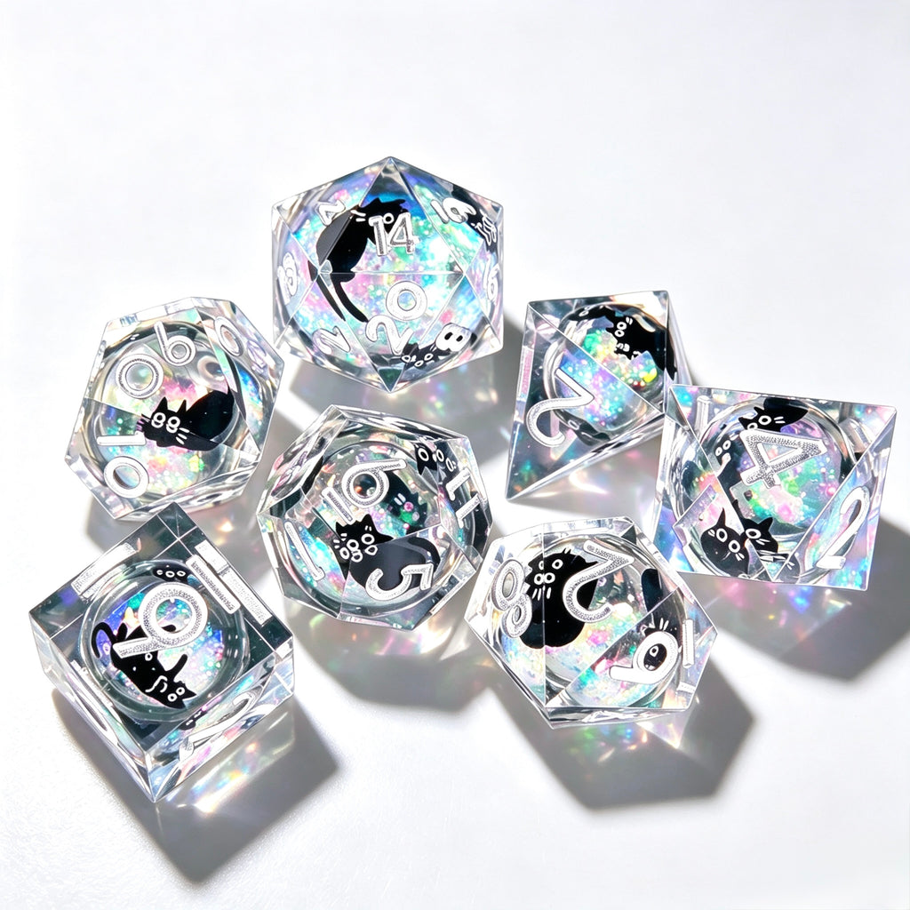 Silver Black Cat Liquid Core 7-Piece Dice Set