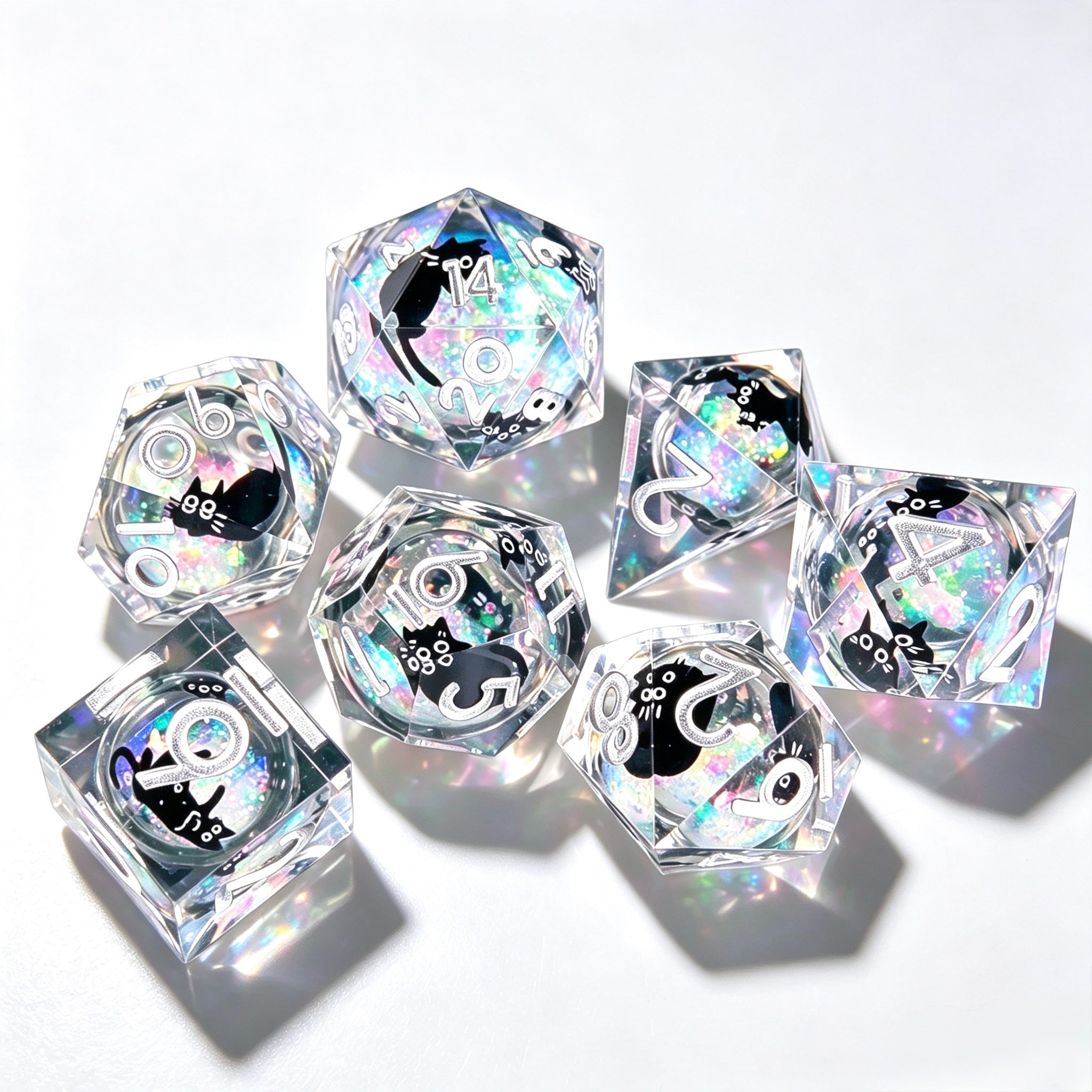 Silver Black Cat Liquid Core 7-Piece Dice Set