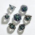 Green Reptile Eye Silver Lettering Liquid Core 7-Piece Dice Set