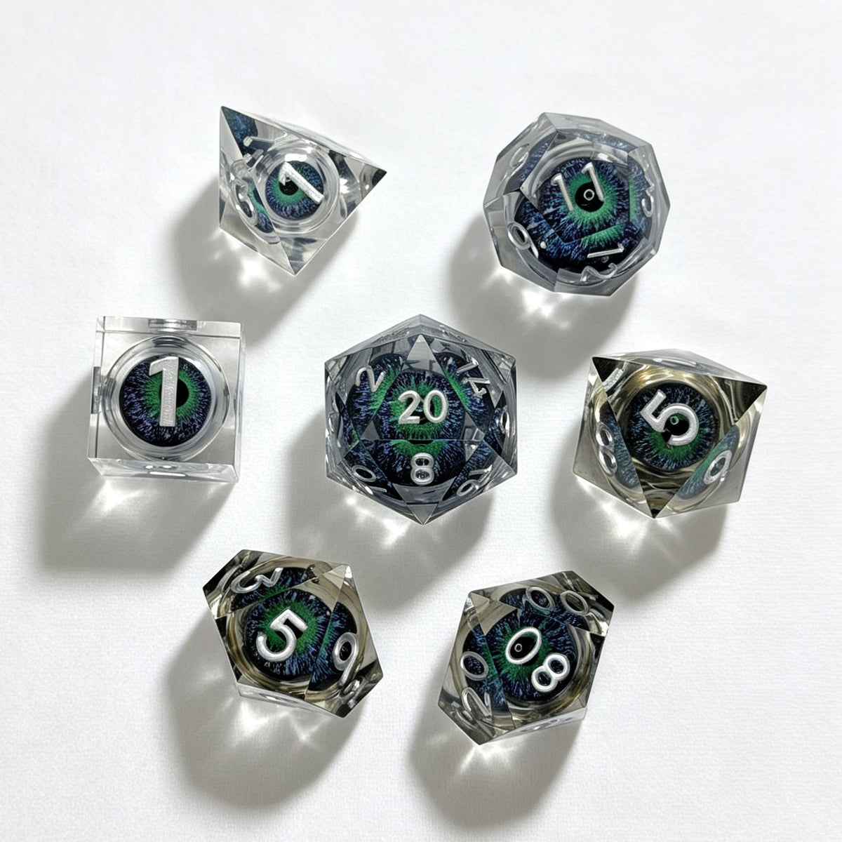 Green Reptile Eye Silver Lettering Liquid Core 7-Piece Dice Set
