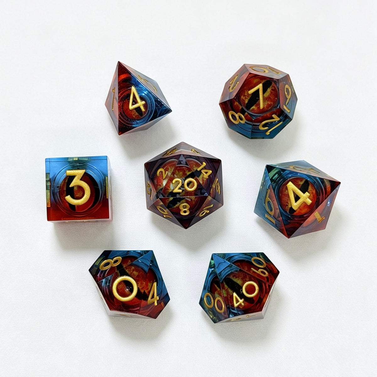 Gradient Red-Blue Gold Lettering Liquid Core 7-Piece Dice Set