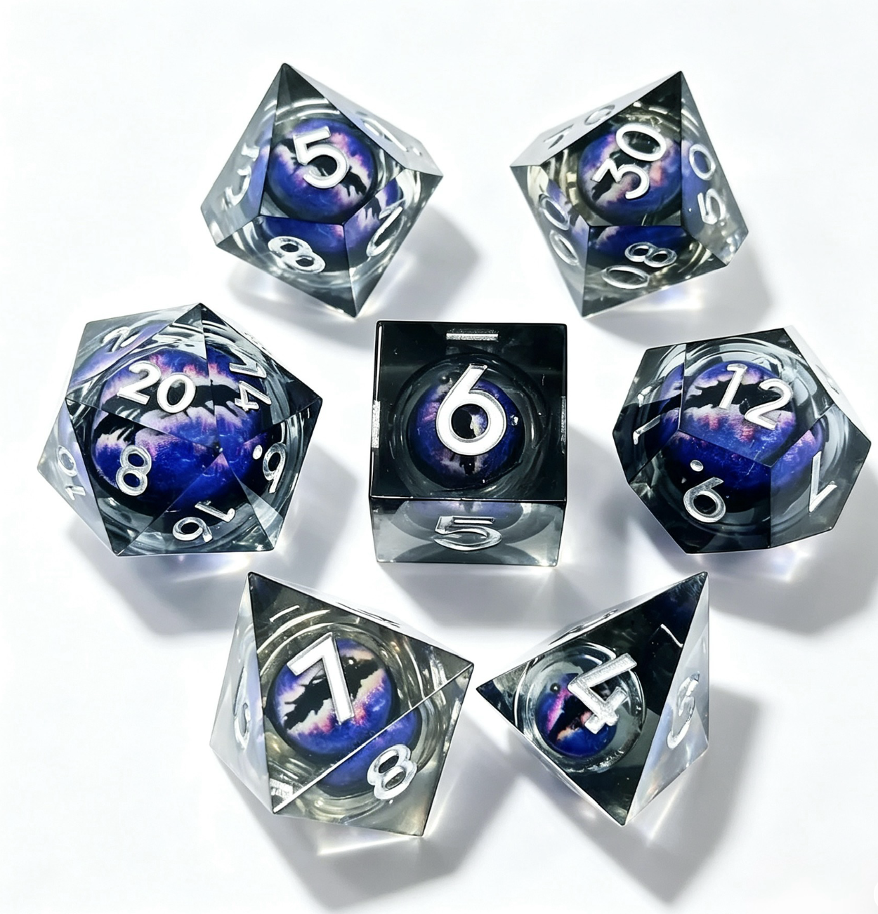 Black-Purple Eye White Lettering Liquid Core 7-Piece Dice Set